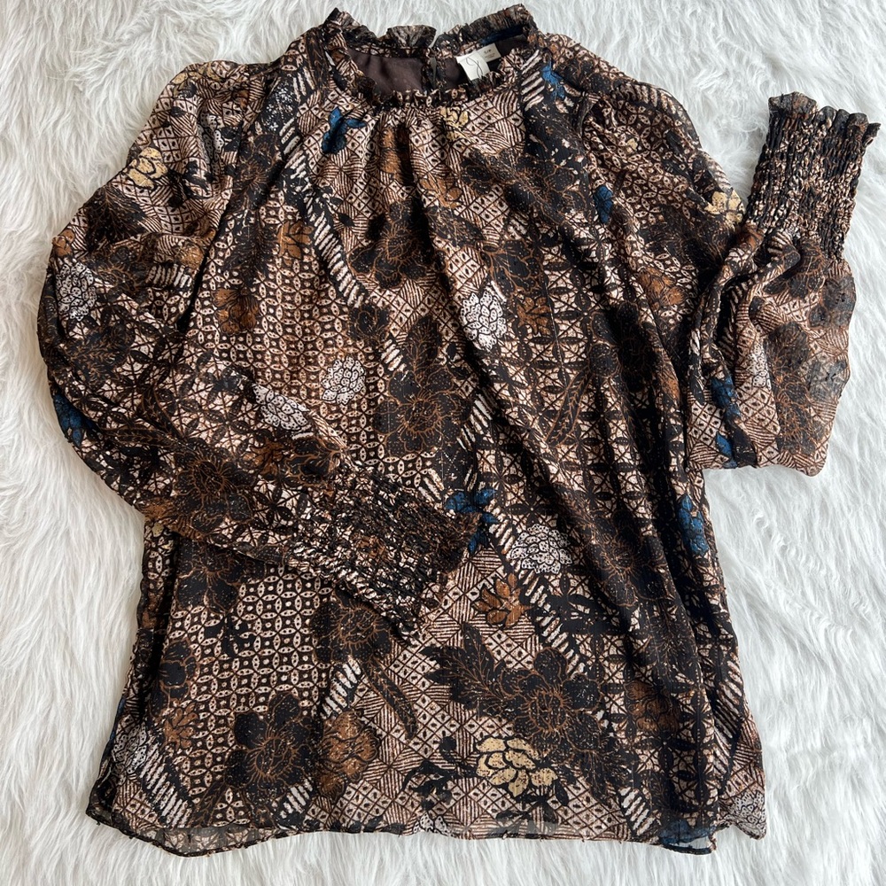 JOIE Long Sleeve Brown Floral and Metallic Blouse